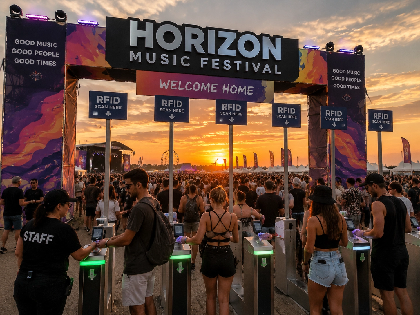 Music festival main entrance RFID gates with crowds scanning wristbands during sunset on opening day