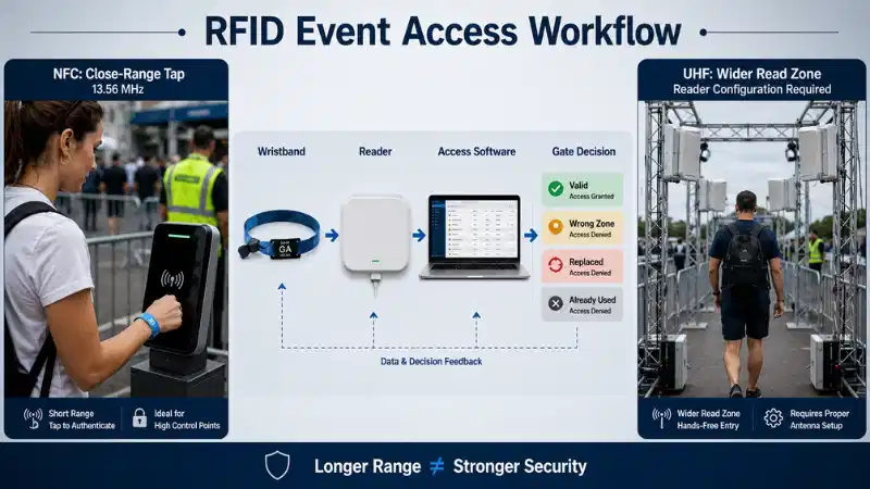 RFID event access workflow comparing close-range NFC wristband validation with a configured UHF entrance lane RFID event access workflow comparing close-range NFC wristband validation with a configured UHF entrance lane
